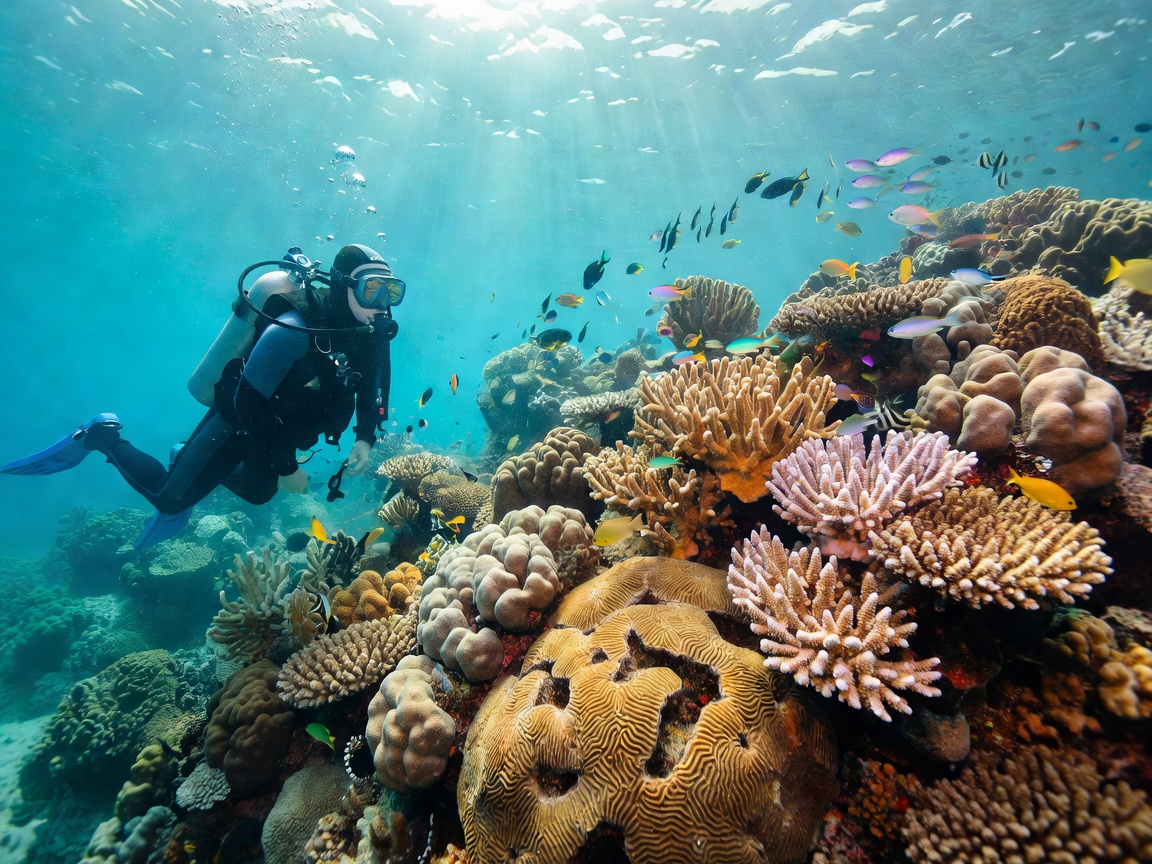 Diver observing coral reef formations