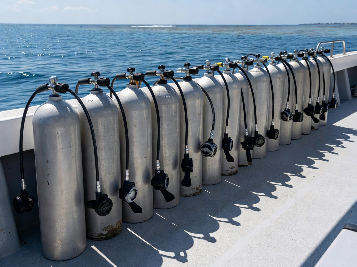 Row of scuba tanks with regulators attached on a dive boat deck