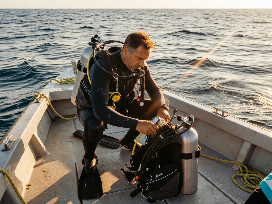 Scuba diver checking gear on a boat