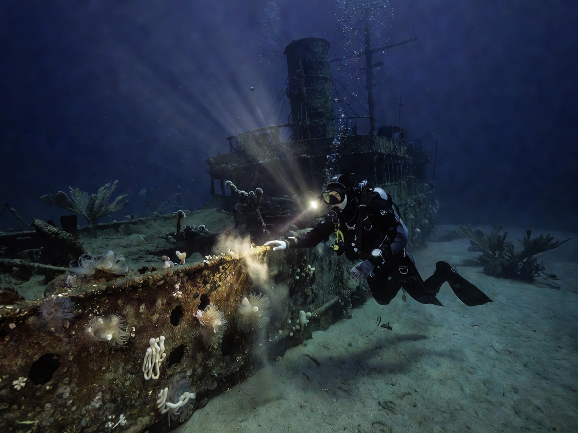 Scuba diver exploring a sunken shipwreck