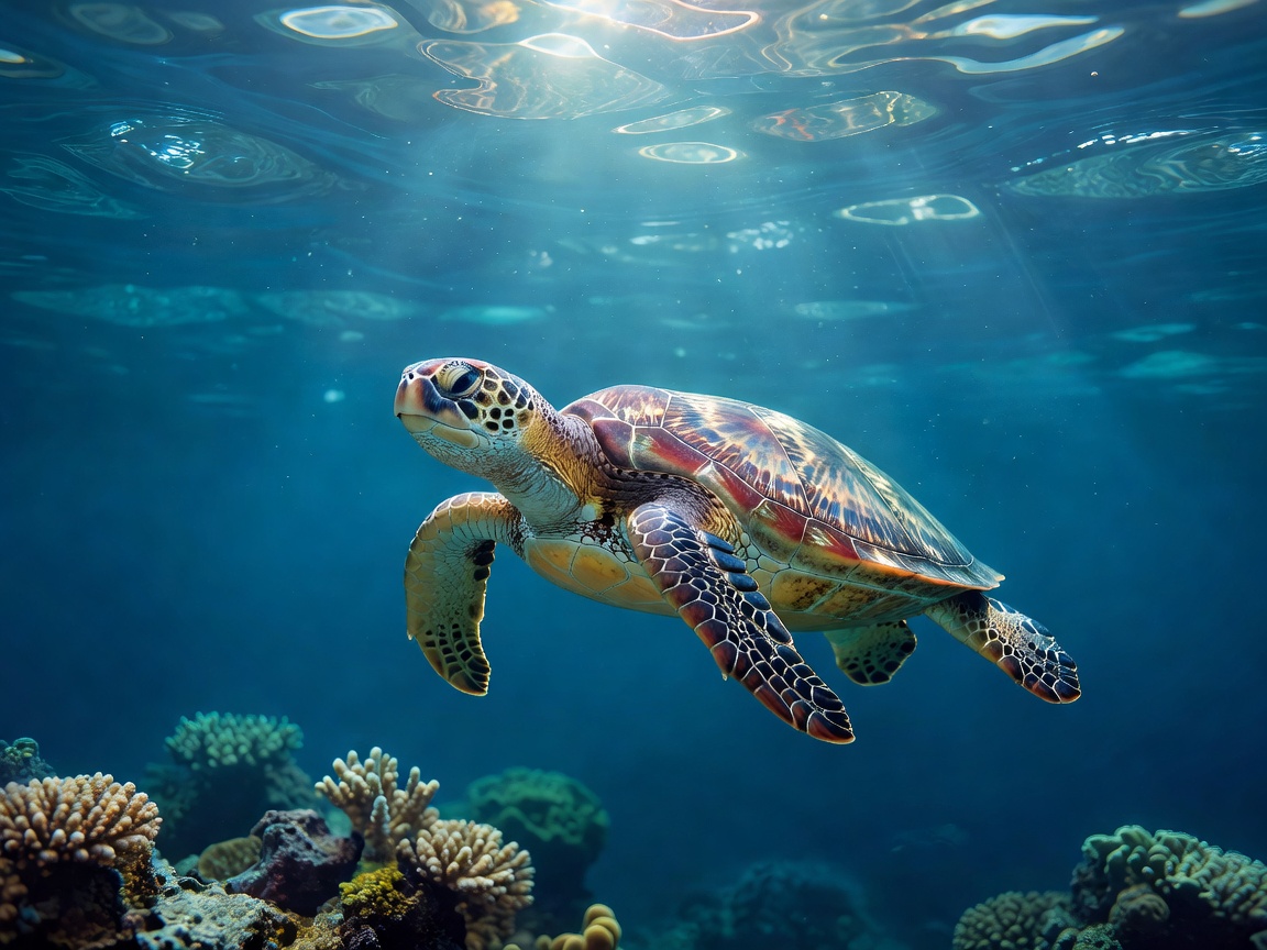 Sea turtle swimming gracefully in blue water