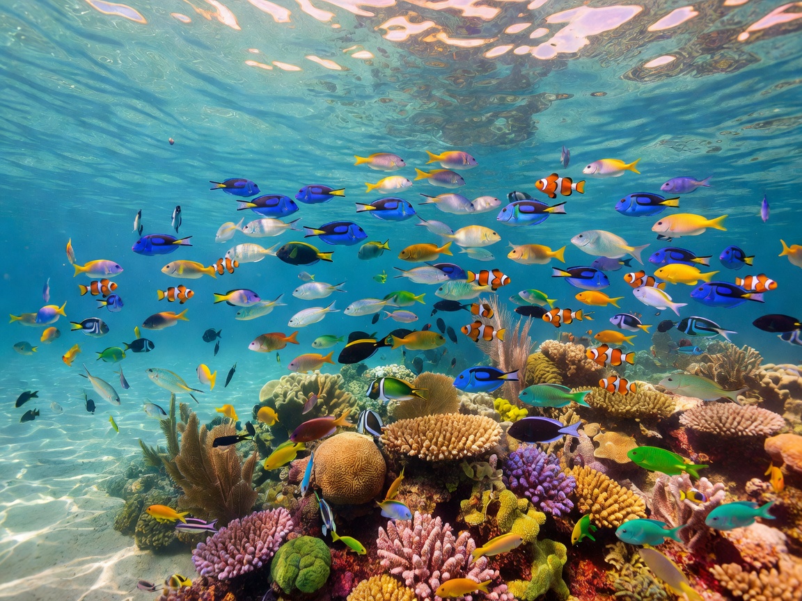 Vibrant school of fish swimming over a healthy coral reef