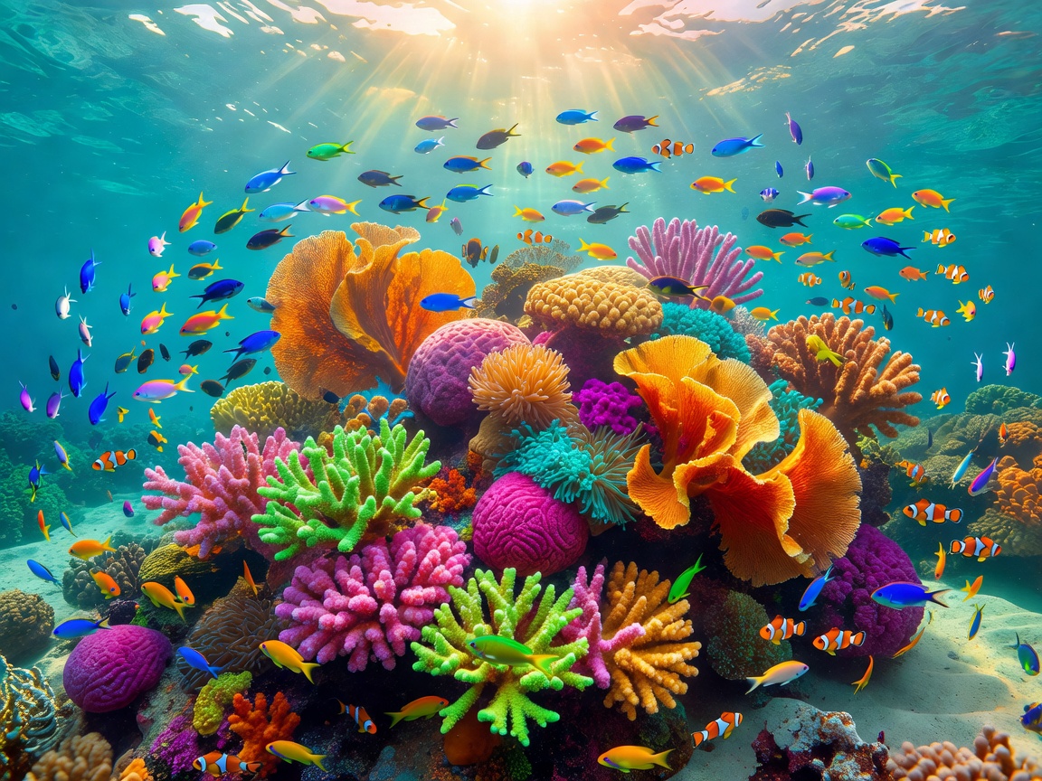 Vibrant tropical coral reef with schooling fish